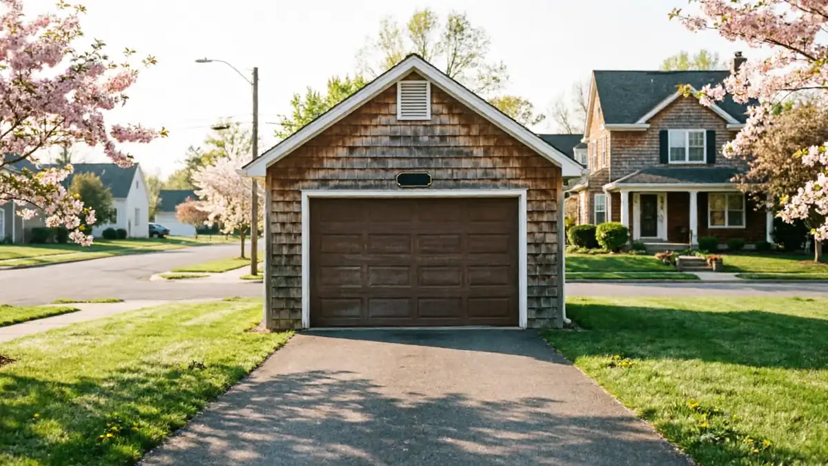 A detached garage with a brown door and wood shingle siding sits on a driveway.