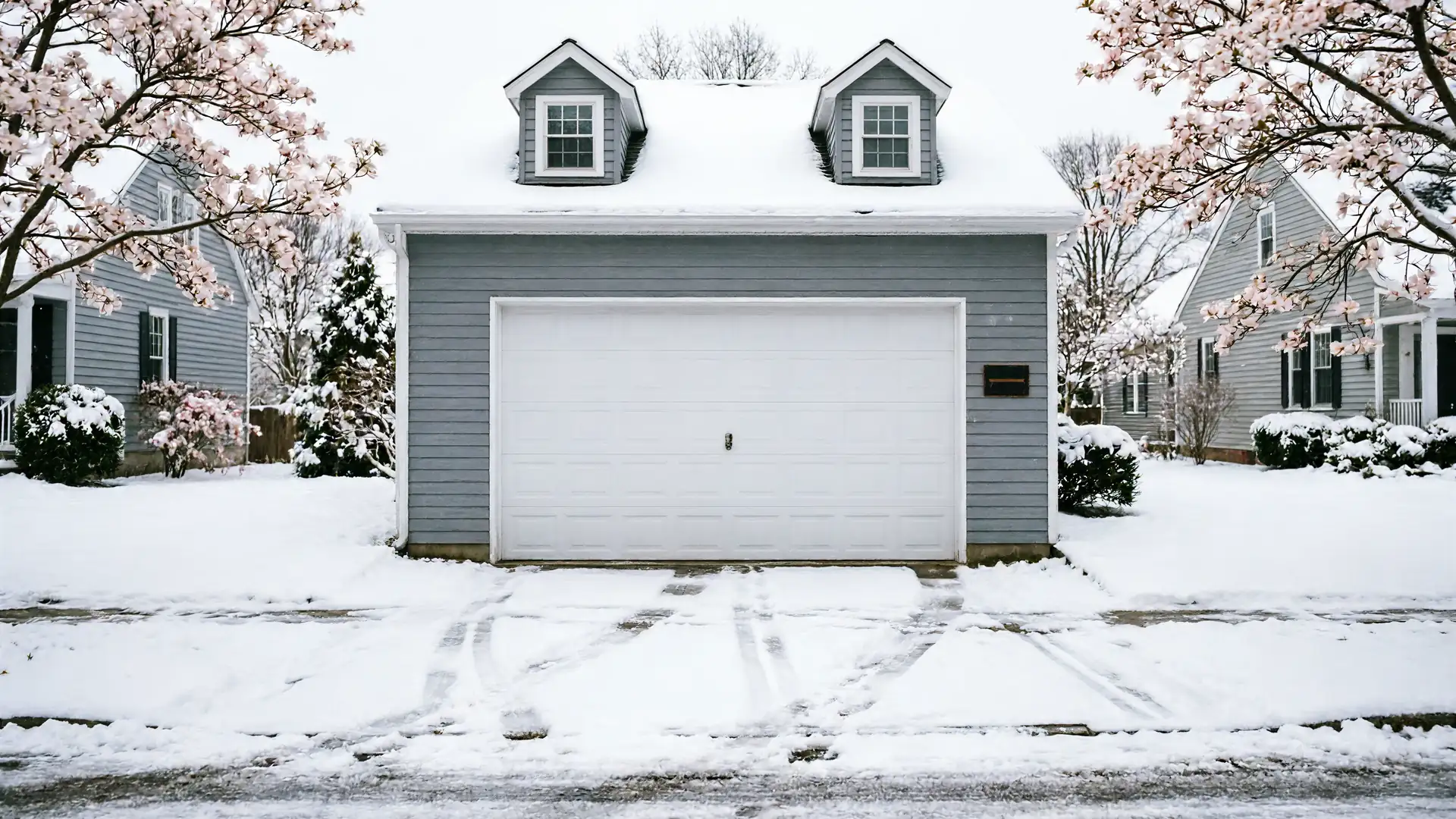 A gray garage with a white door and two dormer windows is covered in snow.