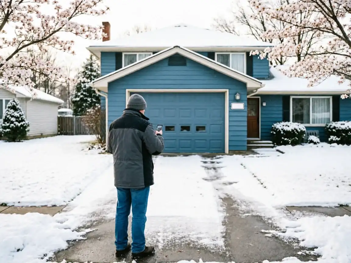 A technician stands in a snowy driveway, looking at a blue house with a garage.
