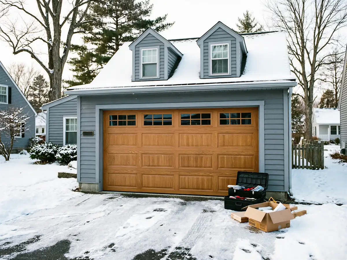 A wooden garage door on a gray house with snow on the roof and ground.