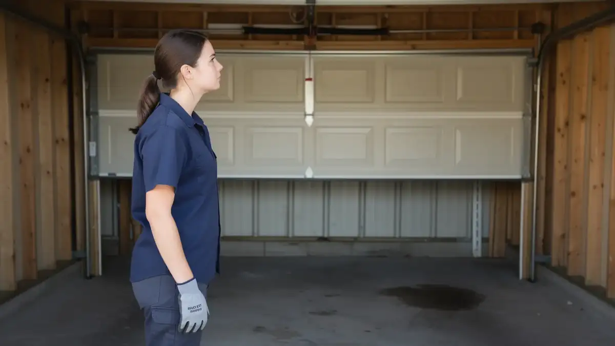 A technician stands in a garage looking at a partially open garage door.