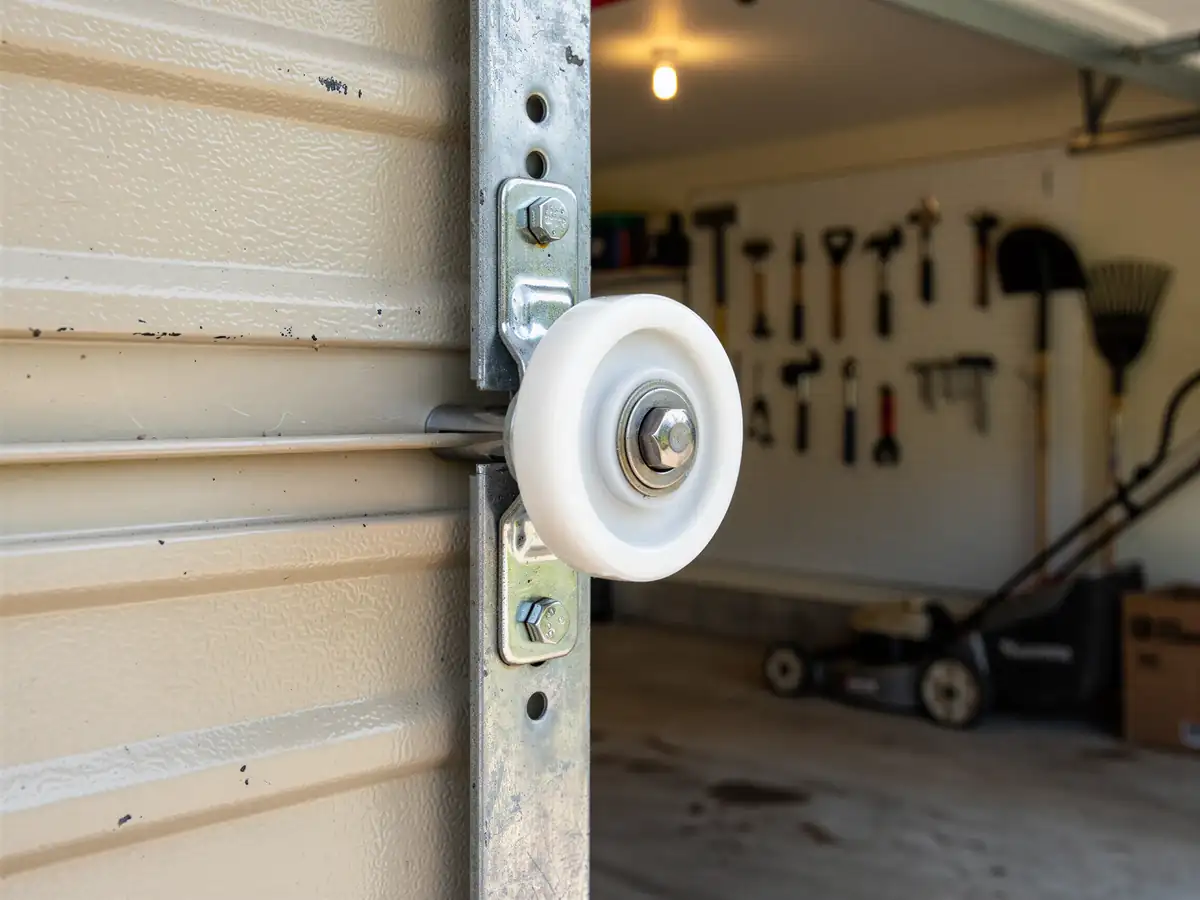 A new white garage door roller is attached to a beige garage door.